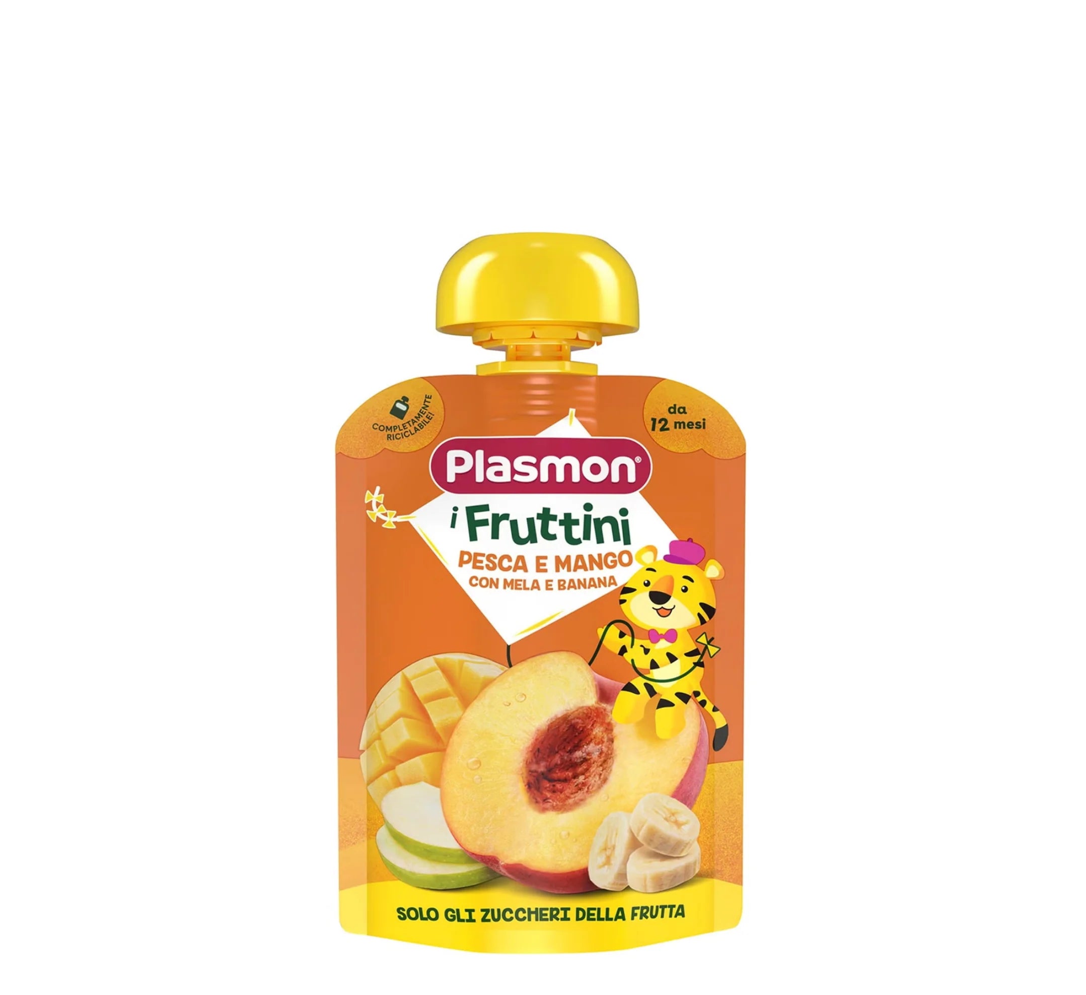 lasmon i Fruttini Pure Frutash (pjeshkë, mango, mollë, banane) 12m+